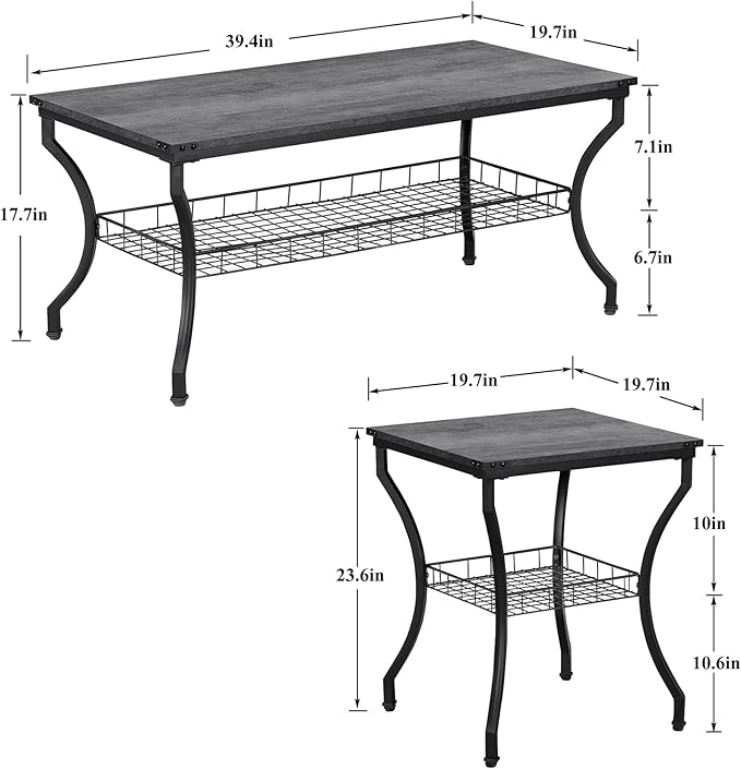VECELO 3 Pieces Living Room Table Sets, Coffee and End Tables with Open Storage Shelves for Apartment, Home Office, Small Space, Easy Assembly, Dark Grey