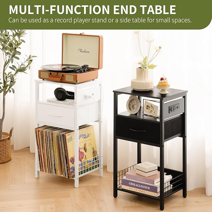 Yoobure Side Table - Night Stand with Charger Station & LED Light, 3 Tier Small End Table Living Room, Bedside Table with Drawer, Record Player Stand with Vinyl Storage, Black Nightstand for Bedroom