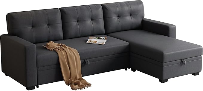 Ball & Cast Convertible Sectional Sleeper Sofa Bed L Shaped 4 in 1 Pull Out Couch with Reversible Storage Chaise & Removable Back Cushions,Sleeper Corner Pull Out Sofa Bed Couch for Living Room,Office