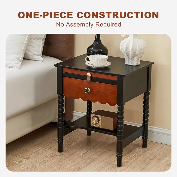 Uniclinens Mid Century Modern Nightstand Two-Tone Bedside Table with Drawers, Vintage Solid Wood End Side Table for Bedroom Living Room, Black-Brown