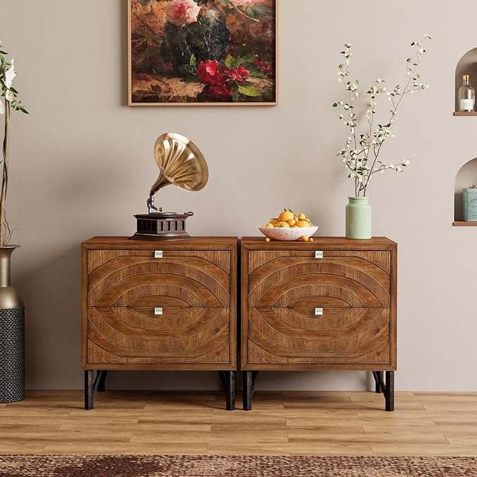 COSIEST Vintage Nightstands Set of 2, Bedside Tables with 2 Storage Drawers, Rustic End Tables for Bedroom and Living Room, Easy to Assemble (Brown, Circle Pattern)