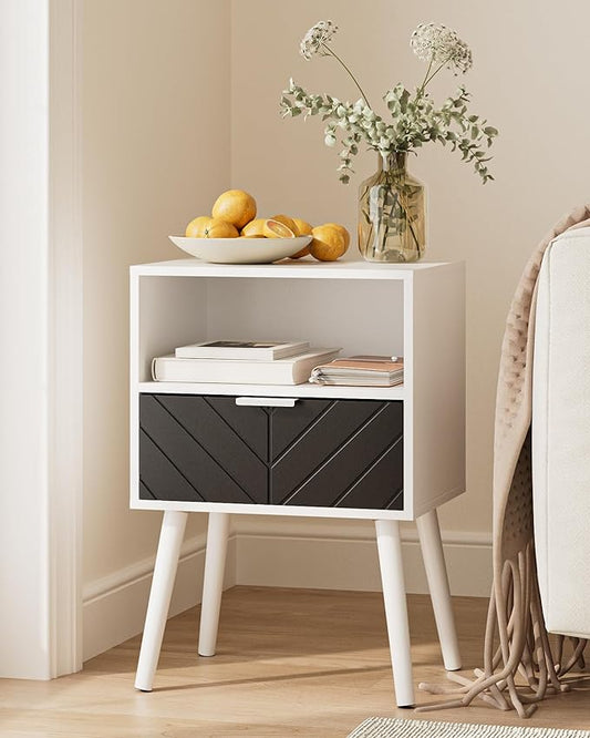 Nightstand,Bedside Table with Gold Frame, White Night Stand, Modern Bedside Furniture,End Table with Drawer and Shelf for Bedroom,Living Room