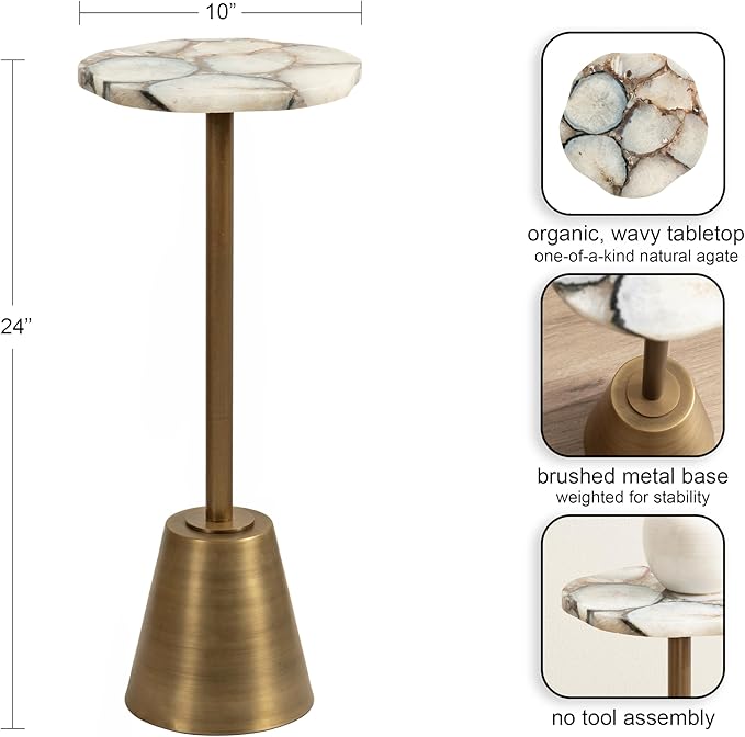 Kate and Laurel Tira Elegant Wavy Round Drink Table, 10 x 10 x 24, Natural Agate and Antique Brass, Vintage Scalloped Circular Mini Table with One-of-a-Kind Stone Tabletop for Indoor Plant Stand