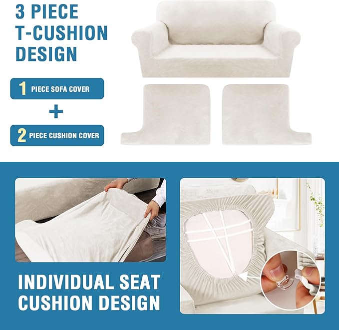 H.VERSAILTEX Sofa Cover 3 Piece T Cushion Loveseat Slipcovers Thick Velvet Couch Cover Stretch T Cushion Sofa Covers for 2 Cushion Couch with 2 Individual T Cushion Covers, Porcelain