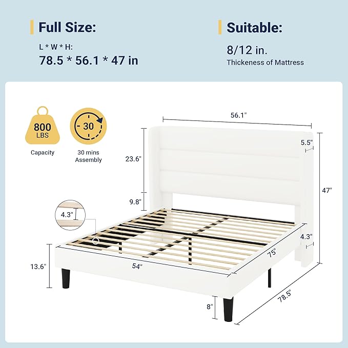 Allewie Full Size Platform Bed Frame with Velvet Upholstered Wingback Headboard, No Box Spring Needed, Under Bed Storage Space, Strong Wooden Slats, Modern Mattress Foundation, Easy Assembly, White