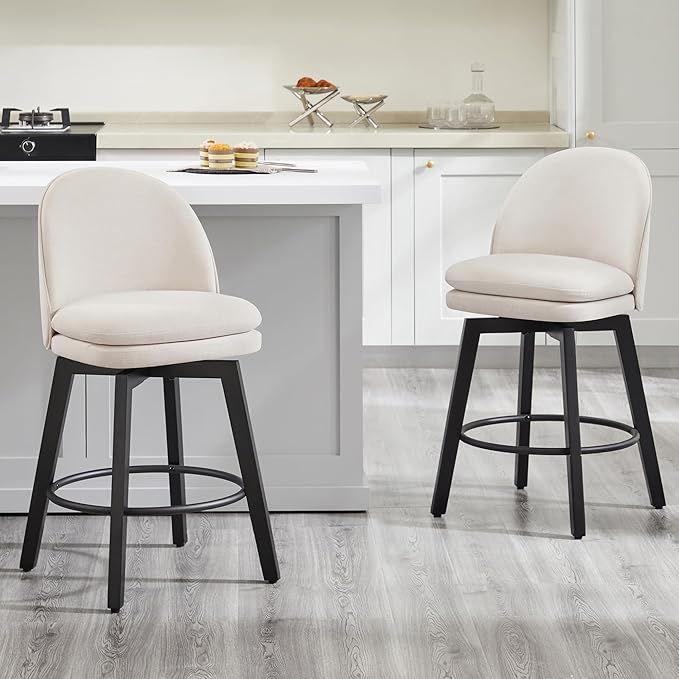 Counter Height Barstools 26 inch Upholstered Swivel Bar Stools with Back and Wood Legs for Kitchen Island,Set of 2,Beige Fabric-Armless