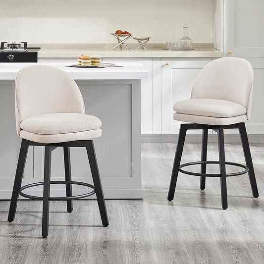 Counter Height Barstools 26 inch Upholstered Swivel Bar Stools with Back and Wood Legs for Kitchen Island,Set of 2,Beige Fabric-Armless