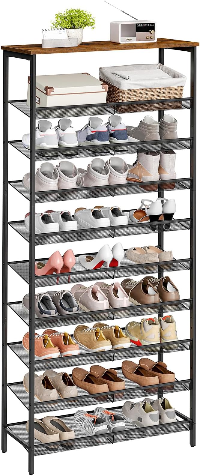 HOOBRO 10-Tier Shoe Rack, 29.5"L Shoe Shelf, Large Capacity Shoe Storage Organizer for 27+ Pairs of Shoes, Front Door Entrance, Entryway, Hallway, Closet, Space Saver, Rustic Brown and Black BF110XJ01