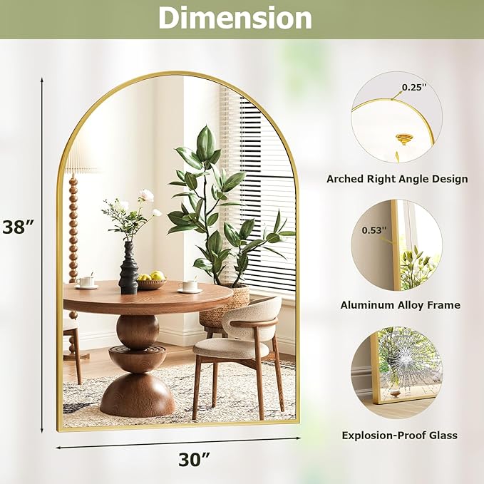 30x38 Inch Arched Bathroom Mirror - Gold Metal Frame Wall Mounted Vanity Mirror for Bathroom, Bedroom, Living Room, Hanging or Leaning Decorative Mirror