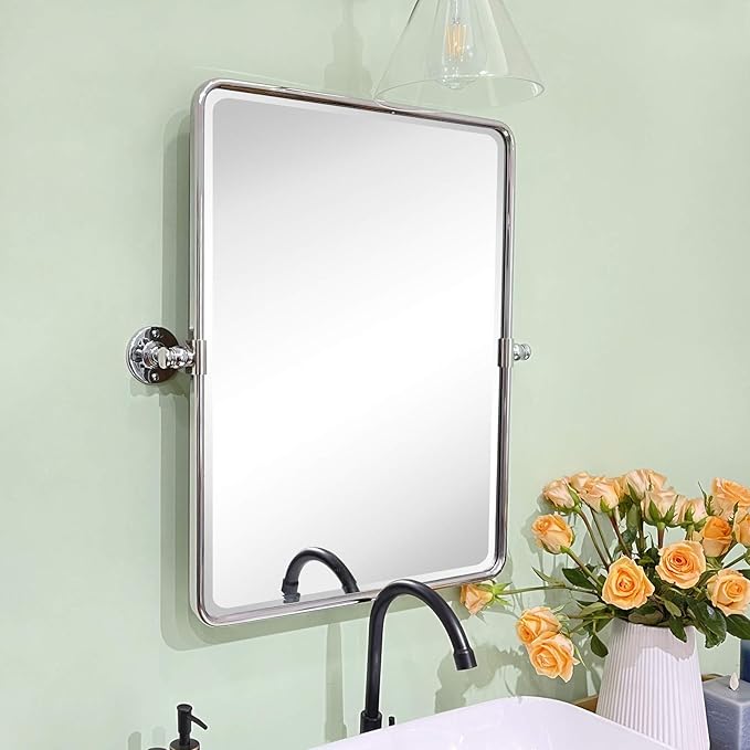 TEHOME 20 x 24 inch Farmhouse Chrome Metal Framed Pivot Rectangle Bathroom Mirror Rounded Rectangluar Tilting Beveled Vanity Mirrors for Wall