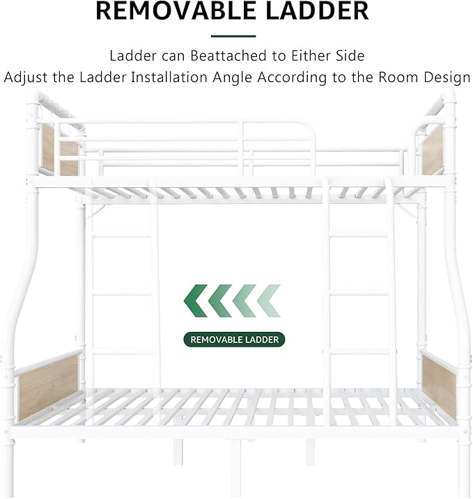 Metal Bunk Bed Twin Over Full, Industrial Bunkbeds Heavy Duty Bed with Safety Guard Rails and Space-Saving Design, Steel Bed for School, Bedroom (White)