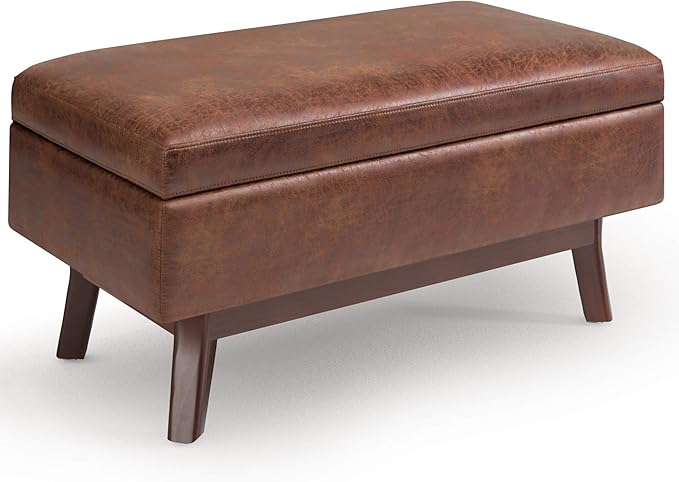 SIMPLIHOME Owen 36 inch Wide Mid Century Modern Rectangle Small Rectangular Storage Ottoman in Distressed Saddle Brown Vegan Faux Leather, Assembled, for the Living Room, Entryway and Family Room