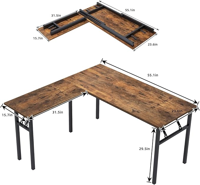 DlandHome L-Shaped Desk Large Corner Desk Folding Table Computer Desk Home Office Table Computer Workstation, ND11 (Rustic Brown)