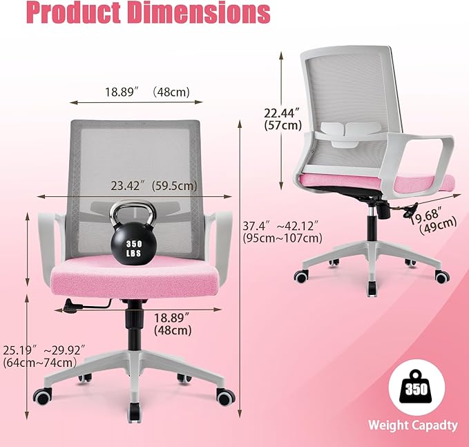 Office Chair ergonomically Designed with Breathable mesh backrest and Lumbar Support Adjustable Height Suitable for Offices Homes bedrooms Study Rooms Pink
