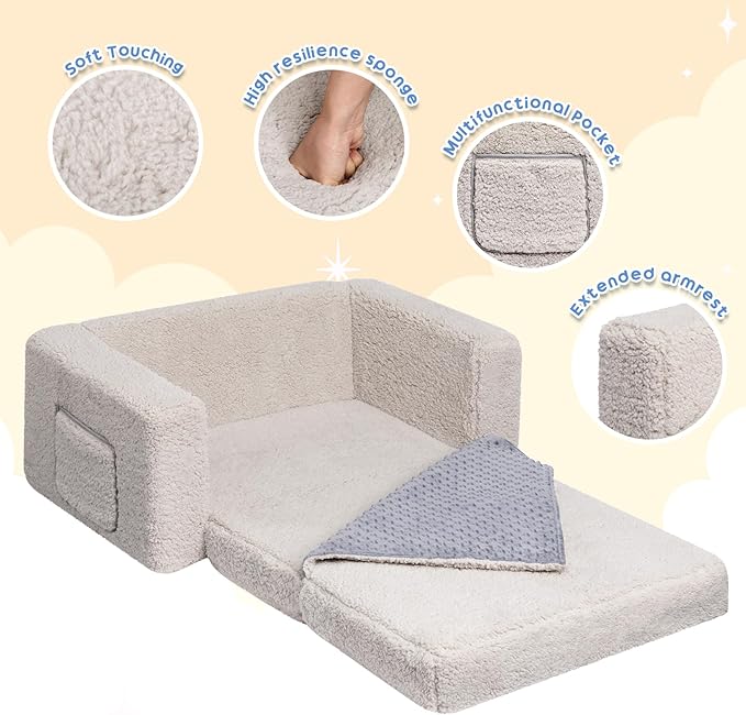 ALIMORDEN Fold Out Toddler Couch, Extra Wide Comfy 2-in-1 Cuddly Sherpa Sofa for Kids, with Removable Baby Friendly Blanket, Convertible Sofa to Bed, Light Grey