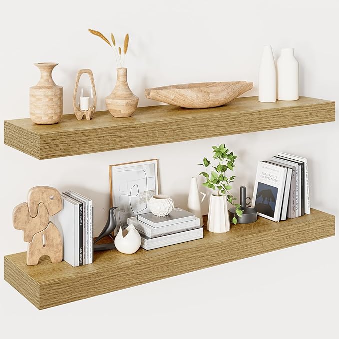 Heimlove Floating Shelves for Wall 36 Inches Long,9.3" Deep Oak Floating Shelf Set of 2,Wall Mounted Shelves for Bathroom Bedroom Living Room Kitchen Office,Shelf for Books Storage,Home Decor