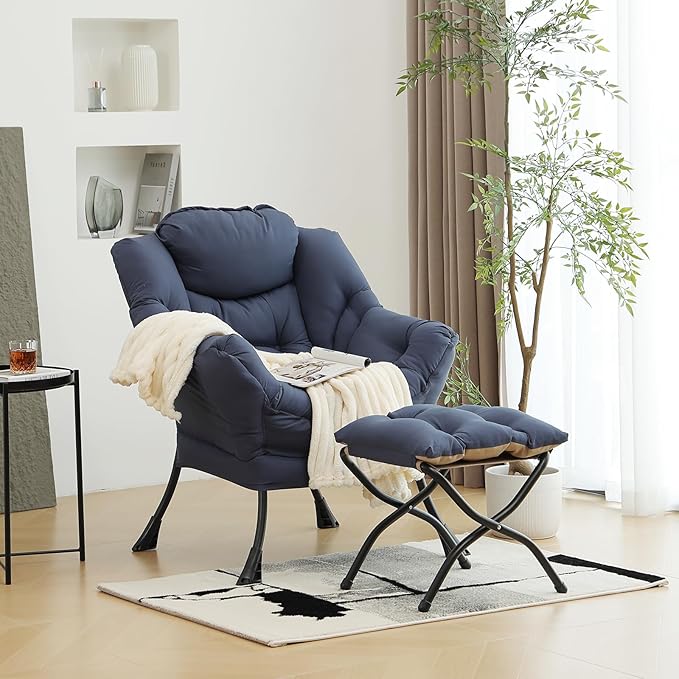 Lazy Chair with Ottoman, Modern Chair with Folding Footrest, Lounge Accent Chair, Comfortable Reading Chair (Navy Blue)