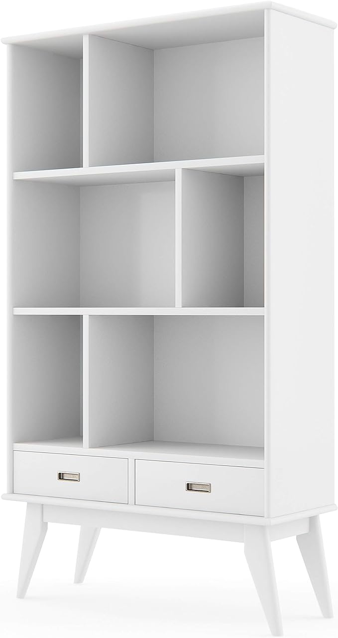 SIMPLIHOME Draper Bookcase - 64 inch Tall Solid Hardwood Wide Storage Bookshelf in White, Mid-Century Modern Storage for Living Room, Study Room or Office with Adjustable Shelves and Tapered Legs