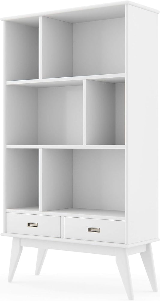 SIMPLIHOME Draper Bookcase - 64 inch Tall Solid Hardwood Wide Storage Bookshelf in White, Mid-Century Modern Storage for Living Room, Study Room or Office with Adjustable Shelves and Tapered Legs