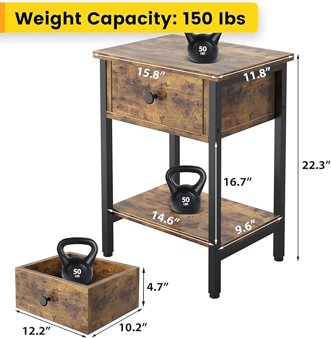 Nightstands Set of 2 with Wood Drawers, Bedside Table Set of 2 with Storage Shelf, Heavy Duty End Side Table for Bedroom Living Room Bedroom Small Space Sofa Couch, Wooden Metal Night Stand, Black