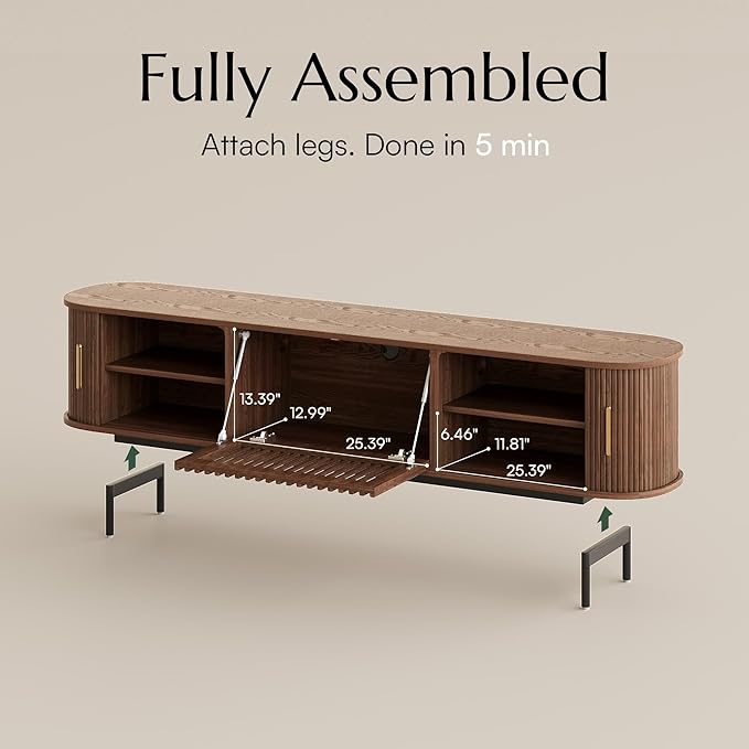 POVISON Fully-Assembled Mid Century Modern TV Stand for 75 inch TV, Sliding Door Entertainment Center with Storage, Wood TV Console, Media Console for Living Room Bedroom(Walnut, 78.74")