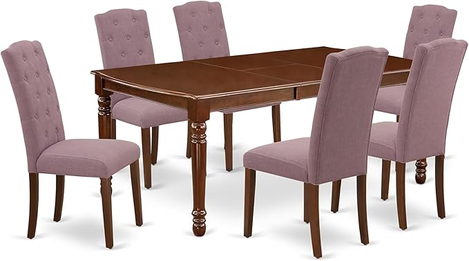 East West Furniture DOCE7-MAH-10 7 Piece Dinette Set Consist of a Rectangle Dining Room Table with Butterfly Leaf and 6 Dahlia Linen Fabric Parsons Dining Chairs, 42x78 Inch, Mahogany