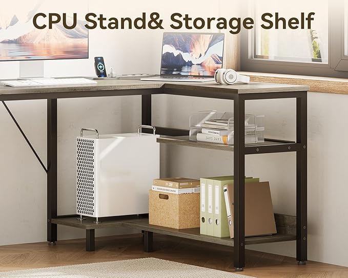 Casaottima L Shaped Desk with Drawers & File Cabinet, Computer Desk with Storage Shelves & CPU Stand, Corner Desk with Power Outlets, Reversible L Desk for Home Office, Grey