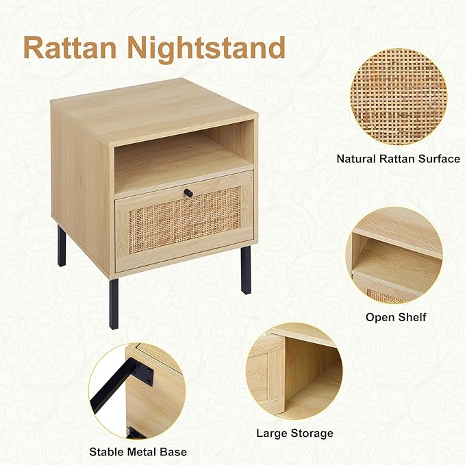 Rattan Nightstands Set of 2, Boho Night Stand with 1 Door, Accent End Table, Wood Bediside Table with Metal Legs&Open Shelf, Natural Wood