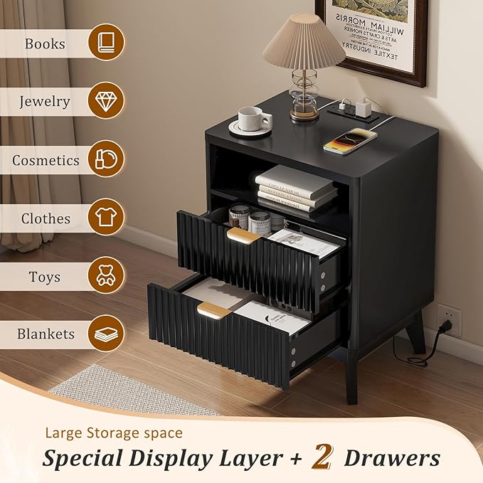 Fluted Nightstand with Charging Station, 19.7 inch Wide End Table with 2 Drawers, Modern Wood Bedside Table for Bedroom, Black