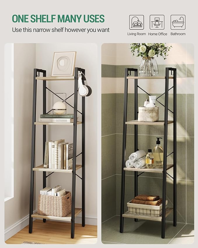 Ladder Shelf, Bookshelf Bookcase, Freestanding Corner Storage Shelve with 2 Hooks for Home Office, Living Room, Kitchen, Bedroom, Industrial, 4-Tier Greige BC13205B