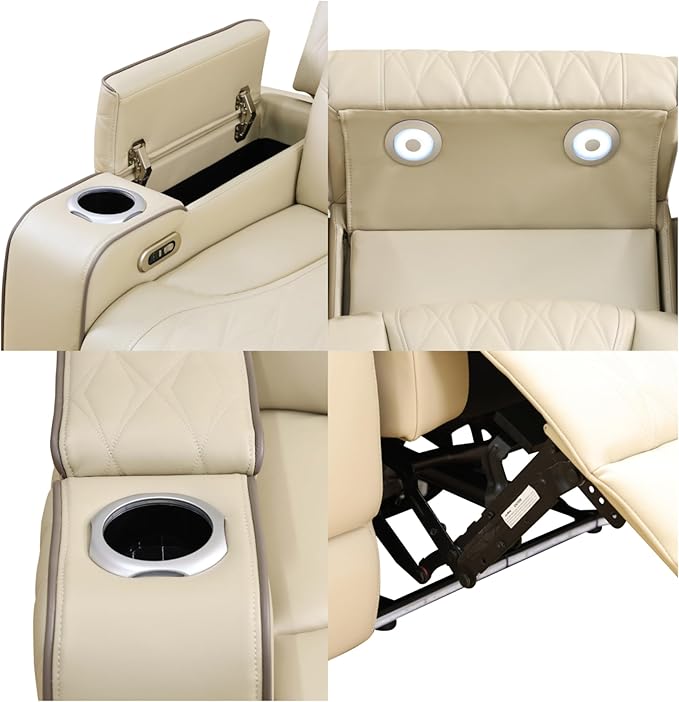 Loveseat Recliner Sofa, Reclining Loveseat Leather Couch with Storage Console, Modern Comfy Home Theater Seating Power Recliner Chair with Cup Holders for Living Room Furniture Sets, Khaki