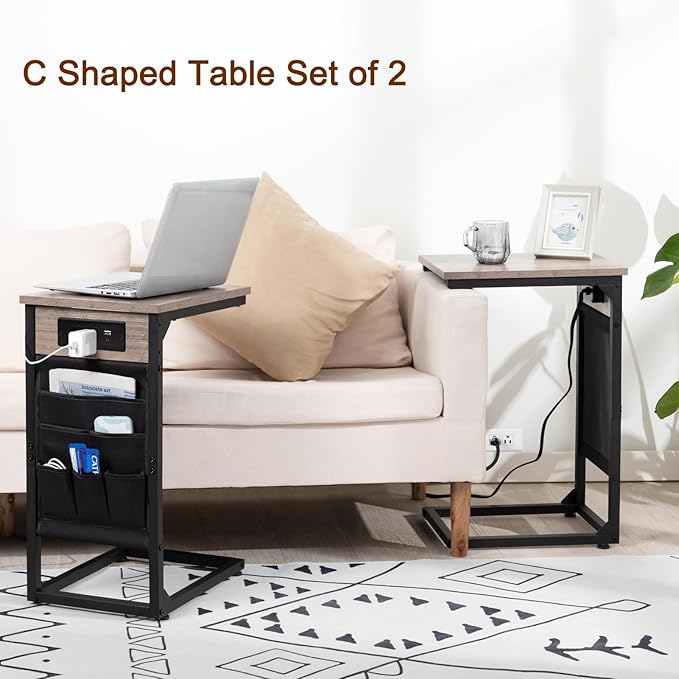 AMHANCIBLE C Shaped End Table with Charging Station, TV Tray Set of 2, Couch Tables with Storage Bag, Slide Under Sofa Side Table with USB Ports and Outlets for Living Room, Grey HET04CGY