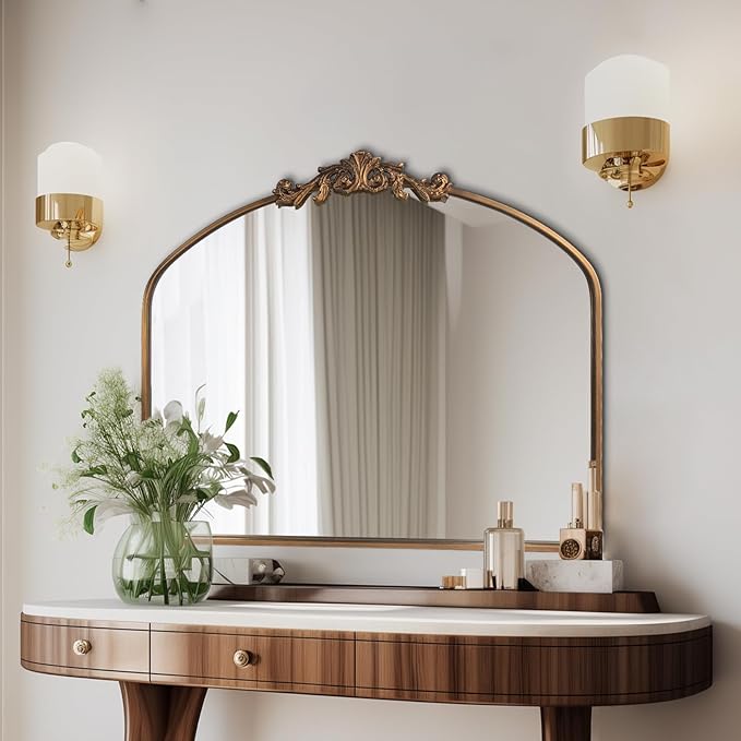 Gold Wall Mirror, Large Arched Vintage Baroque Ornate Mirrors, Traditional Decorative Antique Brass Mirror for Entryway Table, Living Room, Bedroom, Bathroom Vanity, Fireplace (30” x 36”)