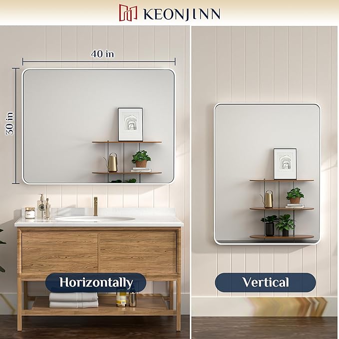Keonjinn Matte White Bathroom Mirrors for Over Sink 40 x 30 Inch Large Rounded Rectangle Bathroom Mirror for Wall, Seamless Metal Frame Farmhouse Mirror, HD Tempered Glass(Horizontal/Vertical)
