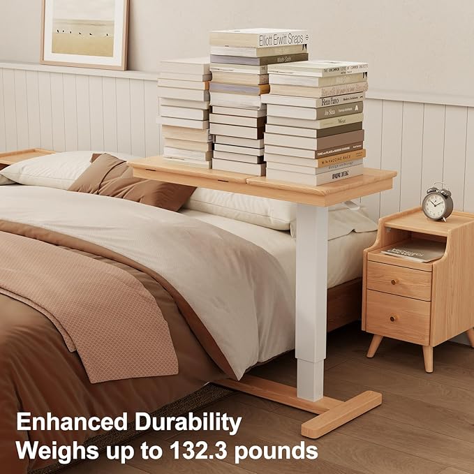 Solid Wood Overbed Bedside Table with Wheels, Adjustable Medical Tilt Top Hospital Bed Table Over The Bed, Rolling Laptop Desk, Mobile Standing Desk for Hospital and Home Use (Natural)