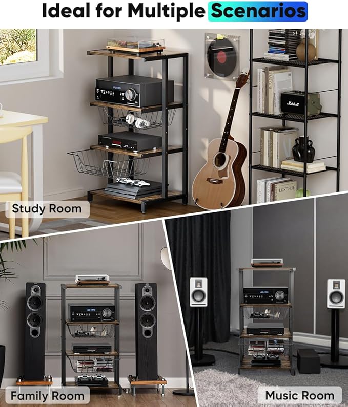 Media Stand with Two Detachable Baskets, 4-Tier AV Media Stand Corner Shelf for DVD Players/Cable Boxes/Games Consoles, Audio Storage Rack for Living Room, Gaming Room, Music Studio, Black