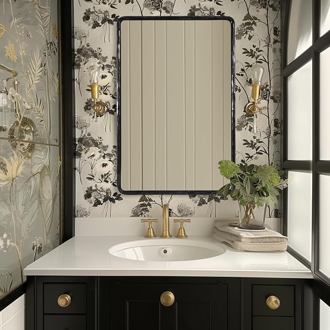 ANDY STAR Hand-Forged Black Bathroom Mirrors for Wall, 24x36 Inch Vintage Solid Steel Metal Frame Bathroom Vanity Mirror, Antique Rounded Rectangle Wall Mirror, Hangs Horizontally or Vertically
