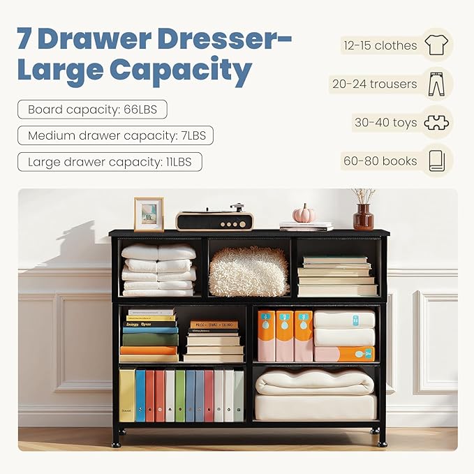 DUMOS TV Stand Dresser with 7 Fabric Drawers, Multifunctional Storage Organizer for Living Room Bedroom Closet, Entertainment Center Cabinet Chest Modern Furniture for Clothing,Charcoal Gray