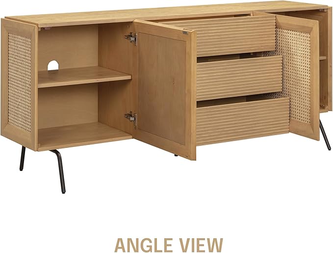 NTC MOSSIC Modern Sideboard with 4 Doors, Natural Rattan Storage Cabinet, Buffet with Metal Legs, Boho Accent Cabinet for Living Room, and Entryway, Effortless Assembly, Sand