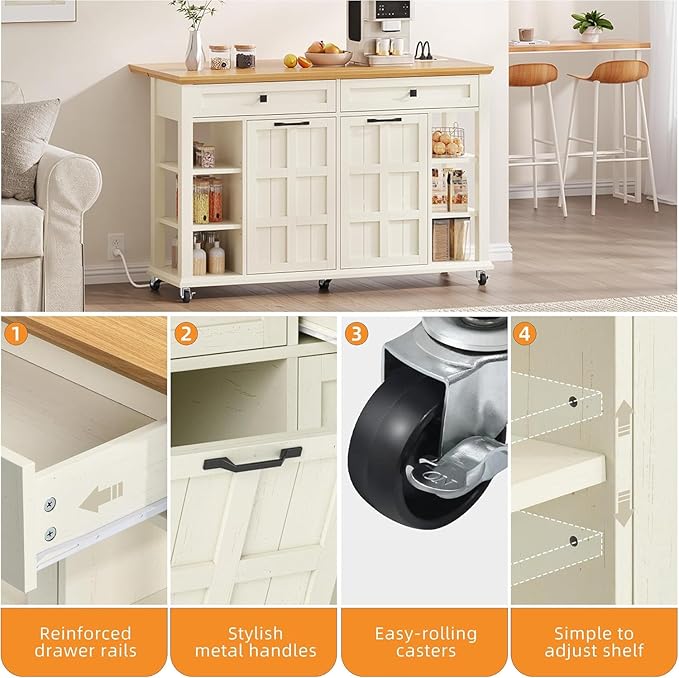 DWVO Kitchen Island with Drop Leaf, Tilt Out Trash Can Cabinet, Mobile Storage Islands with Power Outlet, Americana Rolling Island Table on Wheels with Open Shelves for Dining Room, Off White