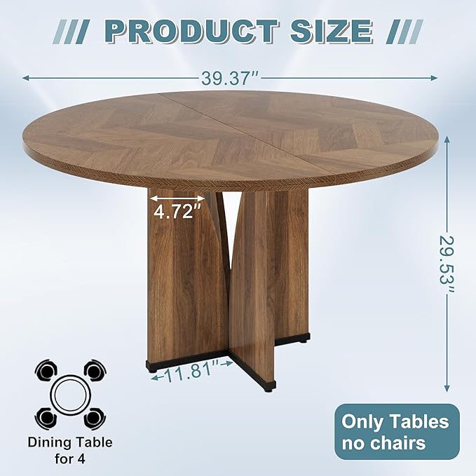 Round Dining Table for 4, 39" Small Dinner Table with Cross Base Round Brown Kitchen Tables for Dining Room, Kitchen, Living Room