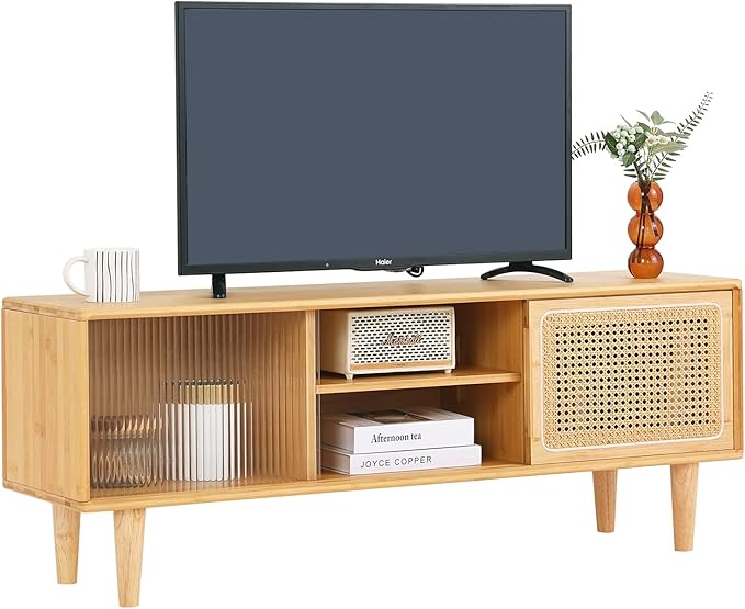 Tiita Rattan TV Stand for 55 Inch TV, Bamboo TV Cabinet with Adjustable Shelf and Storage, Boho Entertainment Center, Mid Century Modern Media Console for Bedroom, Living Room, Study (Natural)