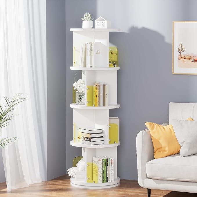 VECELO Rotating Bookshelf Tower, 360°Revolving Bookcase, Round Book Shelf Rotating, Stackable Storage Display Rack Floor Standing for Kids&Adults Solid Wood, White