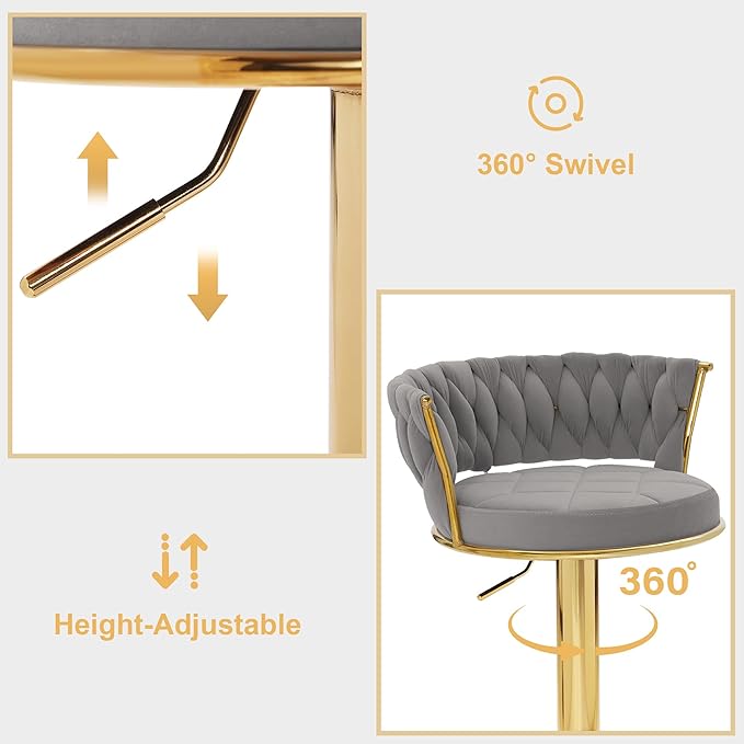 VECELO Bar Stools Set of 2, Adjustable Barstools Counter Height Stools with Back and Arm, Velvet Woven Kitchen Island Stools w/Gold Metal Leg & Base, 360° Swivel Bar Chair, Light Grey
