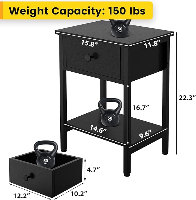 Nightstands Set of 2 with Drawers, Bedside Table Set of 2 with Storage Shelf, Heavy Duty End Side Table for Living Room Bedroom Small Space Sofa Couch, Wood Metal Night Stand, Easy to Assemble, Black