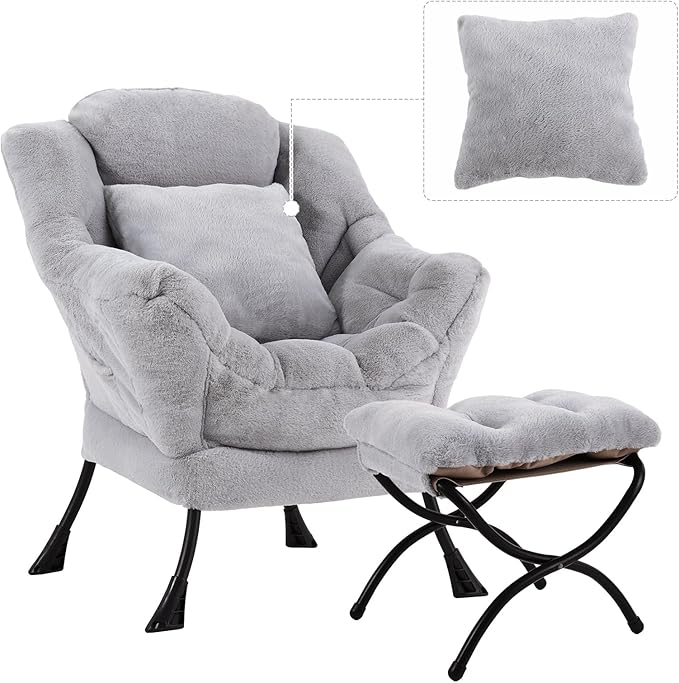 Lazy Chair with Ottoman, Comfy Reading Lounge Chair with Footstool & Throw Pillow Modern with Armrests & Side Pocket for Living Room, Bedroom, Dorm Room, Plush Grey