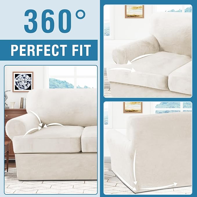 H.VERSAILTEX Sofa Cover 3 Piece T Cushion Sofa Slipcovers Thick Velvet Couch Cover Stretch T Cushion Sofa Covers for 2 Cushion Couch with 2 Individual T Cushion Covers, Porcelain