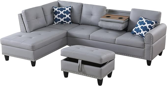 Ball & Cast 98" L Shaped Sectional Couch for Living Room with Storage Ottoman&Nailhead Trim,4 Seat Faux Leather Upholstered Modular Sectional Sofa Set 3 PCS W/Chaise&Cup Holders,for Home,Office,Gray