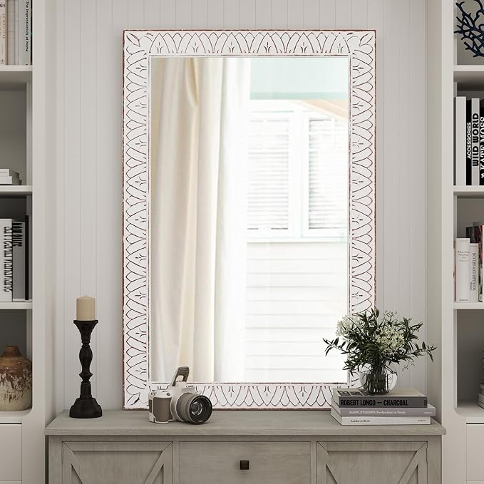 36x24 Inch Farmhouse Rectangle Wall Mirrors with Wooden Frame, Rustic Decorative Rectangular Mirror for Living Room, Bedroom, Bathroom, Entryway - Vertical/Horizontal Hanging