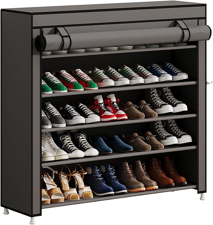 Calmootey 5 Tier Shoe Rack Organizer to Hold 25 Pairs, Portable Shoe Shelf with Nonwoven Fabric Cover for Closet Hallway, Bedroom, Entryway, Grey